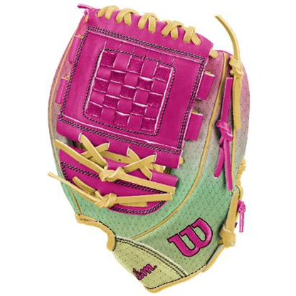 The Wilson A1000 P12 SUNSET 12″ Fastpitch Glove (WBG25201RT12) by Wilson features a vibrant design with pink, yellow, and light green shades, yellow laces, and the Wilson logo stitched in pink on the thumb.