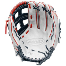 A white and black Wilson A1000 1922 ROCKET 13″ full grain leather slowpitch glove with red stitching and the brand name visible on the palm.