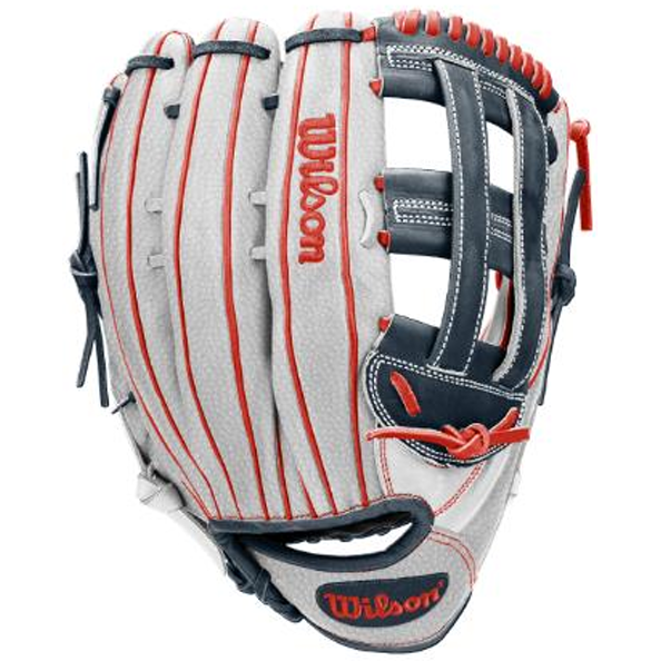 The Wilson A1000 1922 ROCKET 13″ Slowpitch Glove (WBG25401RT13) features white leather, red laces, and black accents. The Wilson logo appears on the palm and thumb areas, and the glove sports an open web design.