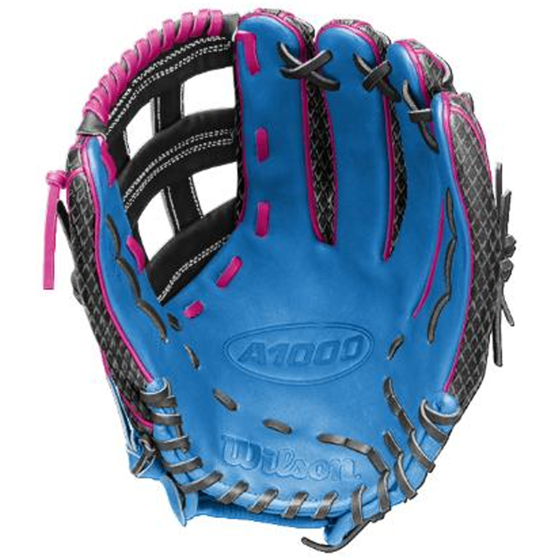 A blue Wilson A1000 1922 TUBBS 13″ Slowpitch Glove (WBG25501RT13) crafted from durable full grain leather, features black and pink lacing, black webbing, and Wilson branding on the palm.