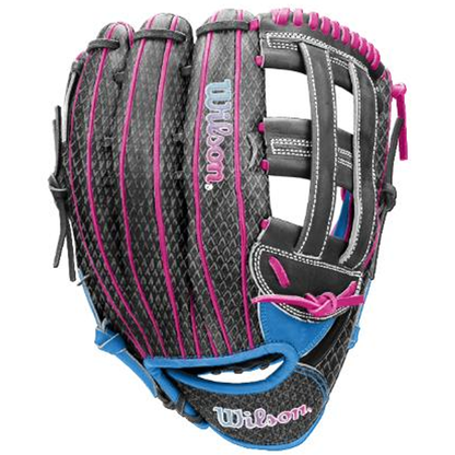The Wilson A1000 1922 TUBBS 13″ Slowpitch Glove (WBG25501RT13) by Wilson features a striking black design with a textured pattern, highlighted by pink stitching and laces, blue trim, and white embroidered logos on the wrist and thumb. Expertly crafted from premium full grain leather, this glove offers enhanced durability and performance.