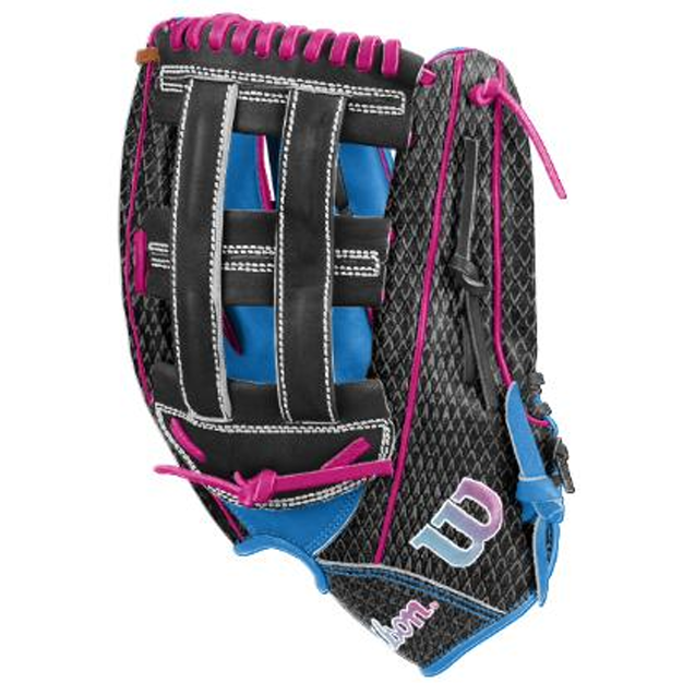 Introducing the Wilson A1000 1922 TUBBS 13″ Slowpitch Glove (WBG25501RT13): a black Wilson glove with pink laces, blue accents, and white stitching, expertly crafted from premium full grain leather. Designed for slowpitch softball, this glove features a woven webbing and is finished with the distinctive white W logo.