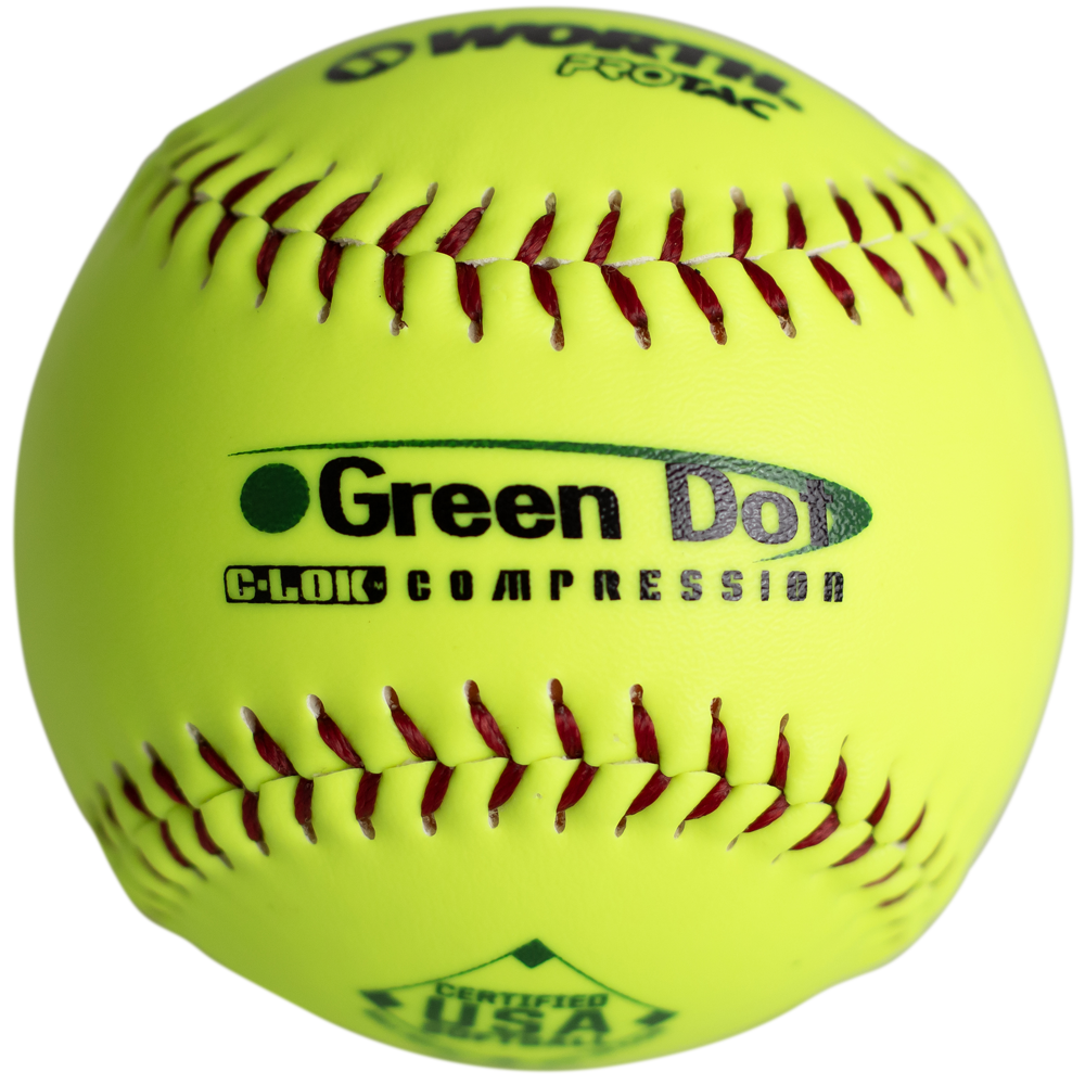 The Worth USA Hot Dot 11" 52/300 Synthetic Slowpitch Softball (AHD11SY) features a bright yellow cover, red stitching, and green “Green Dot C-LOK Compression” text—perfect for fans of high-quality 11" slowpitch softballs.