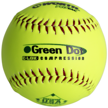 The Worth USA Hot Dot 11" 52/300 Synthetic Slowpitch Softball (AHD11SY) features a bright yellow cover, red stitching, and green “Green Dot C-LOK Compression” text—perfect for fans of high-quality 11" slowpitch softballs.