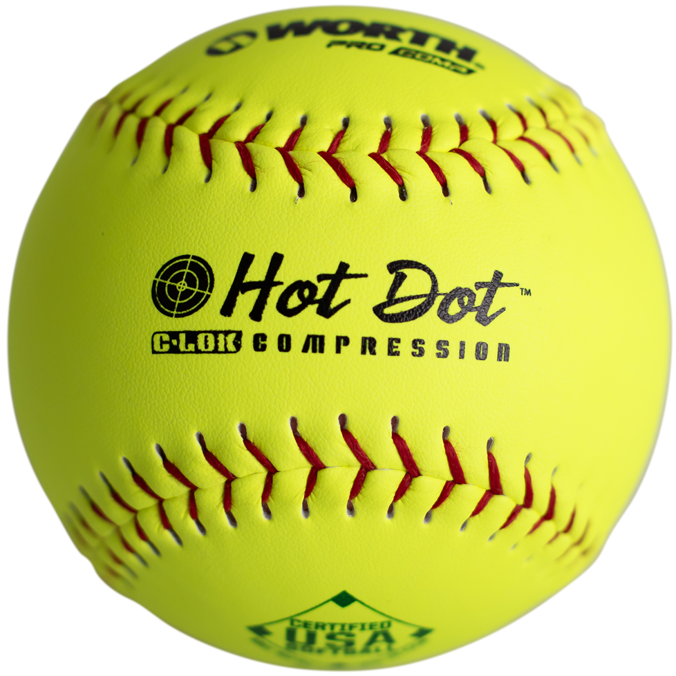The Worth USA Hot Dot 12" 52/300 Composite Slowpitch Softball (AHD12CY) is bright yellow with red stitching, features the Worth logo, "Hot Dot C-LOK Compression," and USA/ASA certification printed on its surface.