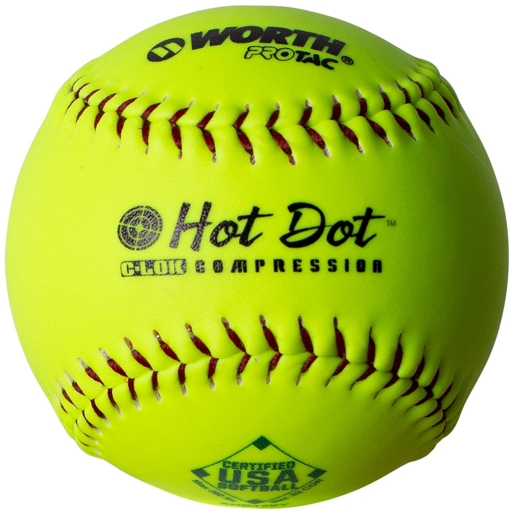 The Worth USA Hot Dot 12" 52/300 Synthetic Slowpitch Softball (AHD12SY) is a bright yellow ball with red stitching and black text, approved for USA/ASA games, making it ideal for official slowpitch softball play.