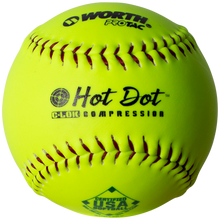 The Worth USA Hot Dot 12" 52/300 Synthetic Slowpitch Softball (AHD12SY) is a bright yellow ball with red stitching and black text, approved for USA/ASA games, making it ideal for official slowpitch softball play.