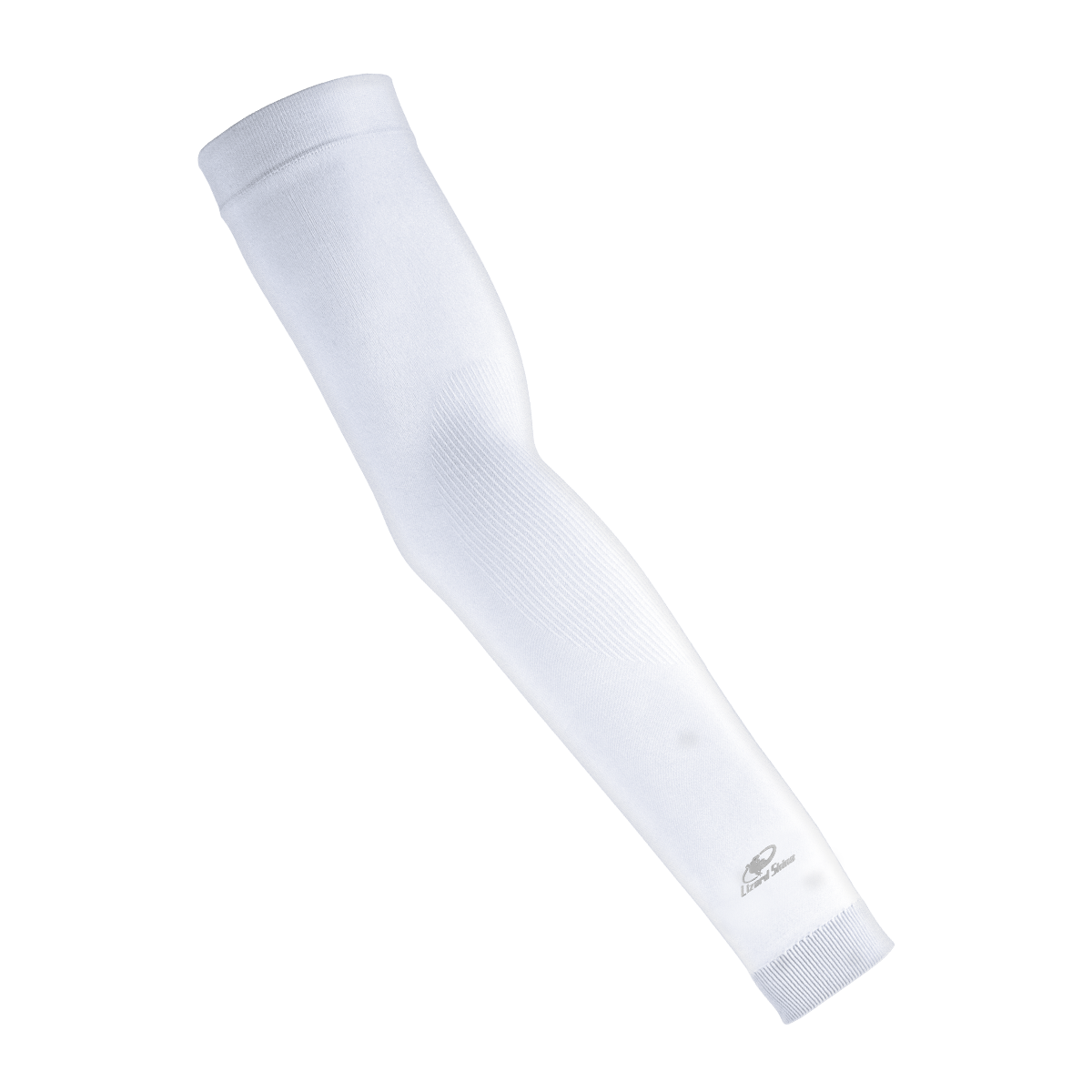 The Lizard Skins Knit Arm Sleeve: ARMK in white features a subtle logo near the wrist and offers optimal muscle support and compression fit, shown against a plain light gray background.
