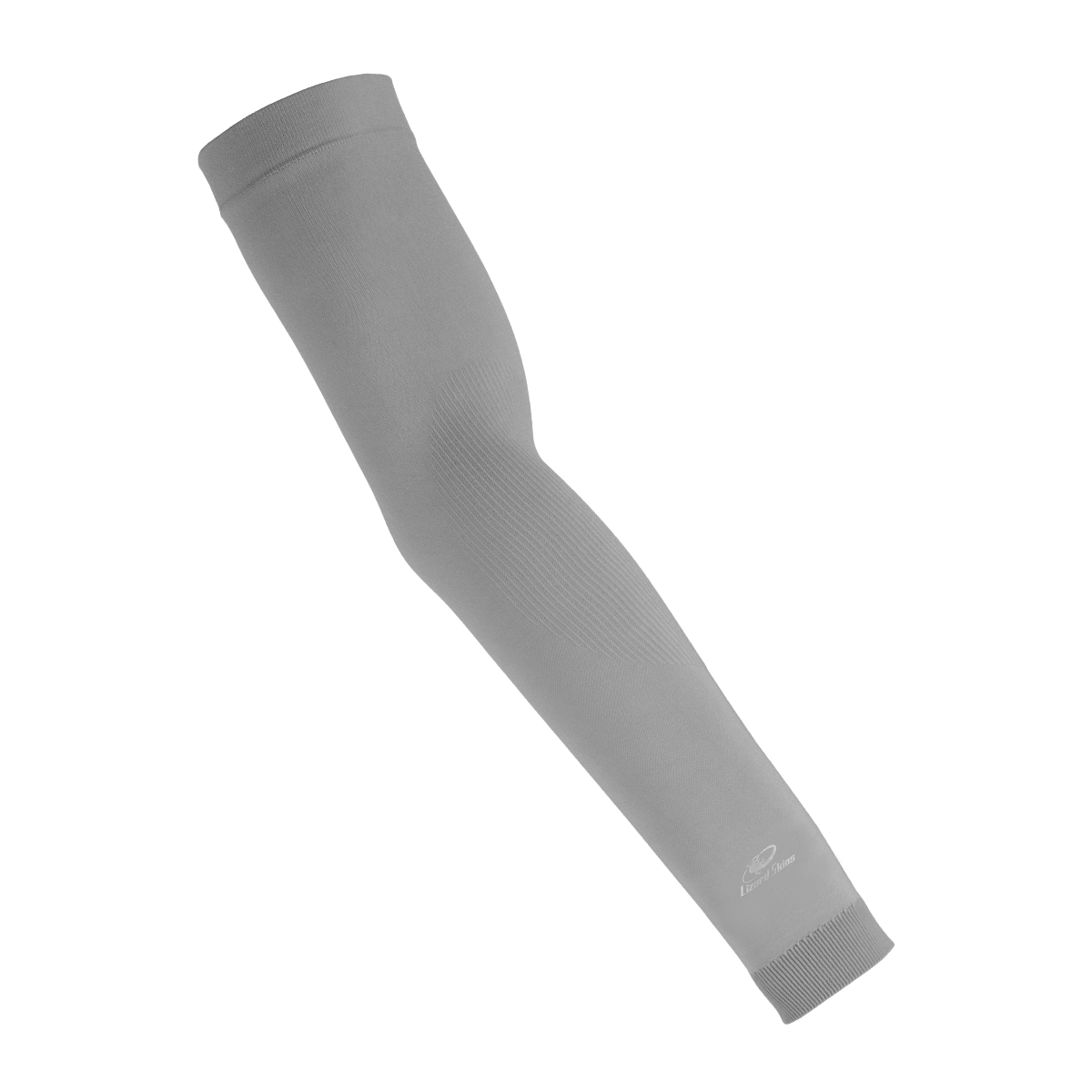 The Lizard Skins Knit Arm Sleeve: ARMK is a single gray, ribbed knit sleeve with a logo near the wrist, designed for muscle support by Lizard Skins. Displayed on a white background.