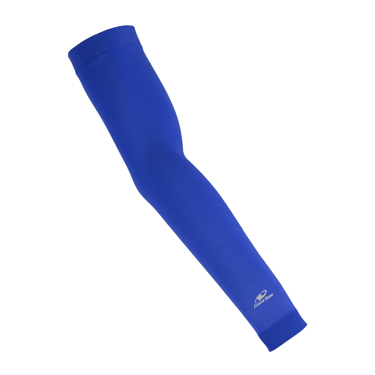 The Lizard Skins Knit Arm Sleeve: ARMK in Royal features a small white logo near the wrist, offers muscle support with a compression fit, and is displayed on a plain white background.