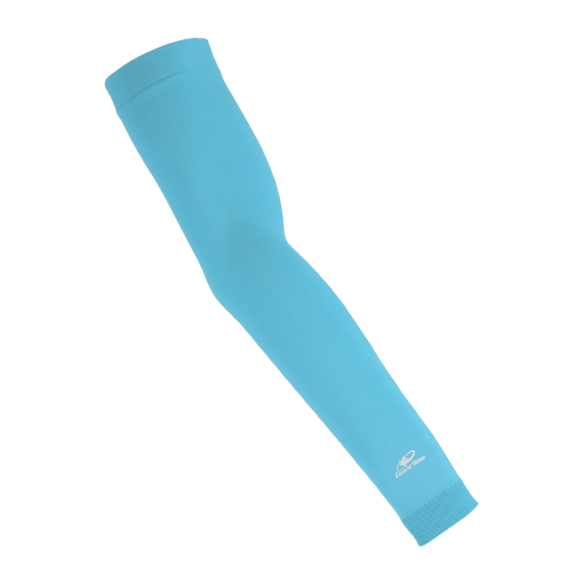 The Lizard Skins Knit Arm Sleeve: ARMK is a baby blue compression sleeve with a small white logo near the wrist, designed for muscle support, and shown on a plain white background.