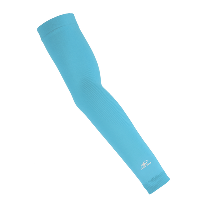 The Lizard Skins Knit Arm Sleeve: ARMK is a baby blue compression sleeve with a small white logo near the wrist, designed for muscle support, and shown on a plain white background.