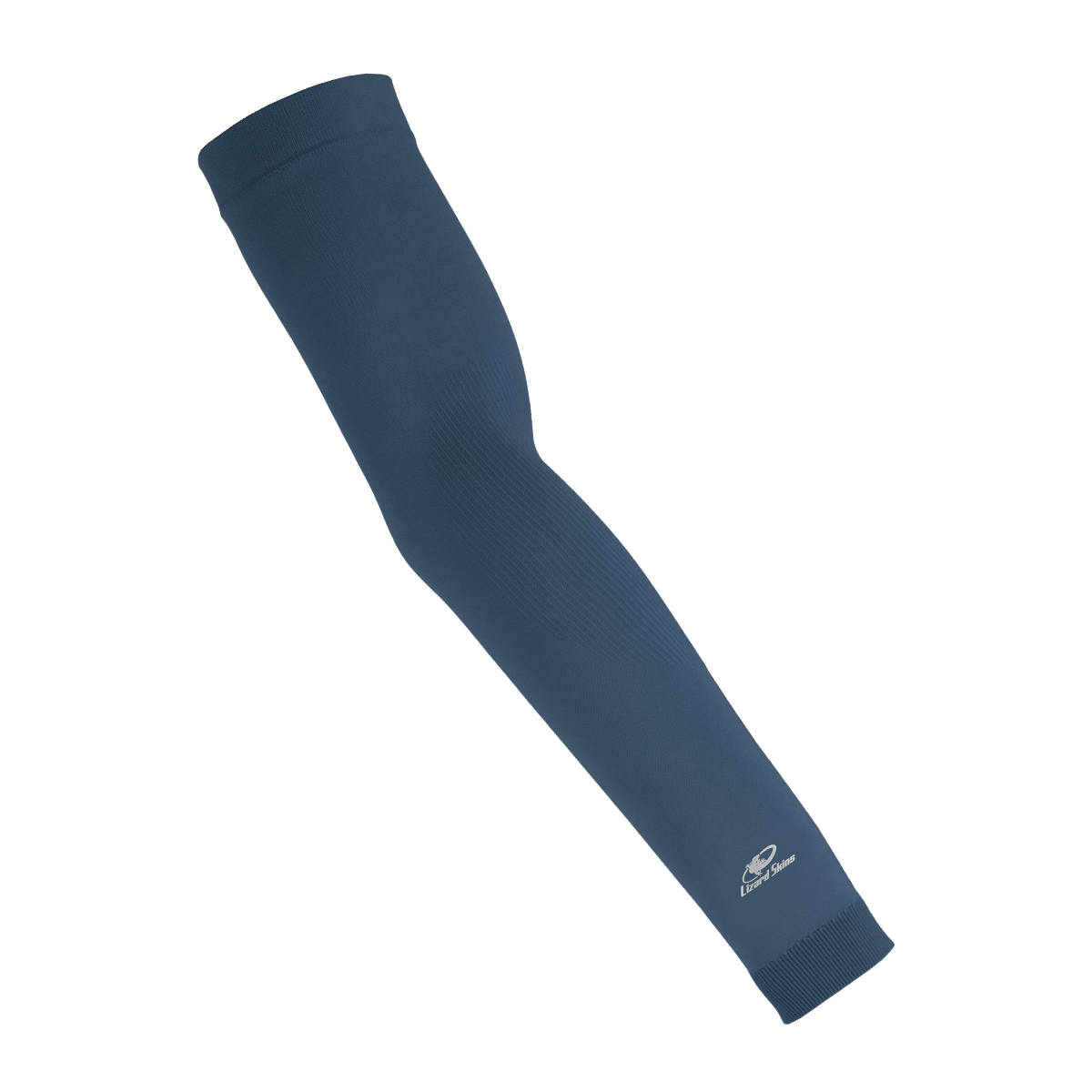 The Lizard Skins Knit Arm Sleeve: ARMK is a navy compression sleeve with a subtle textured pattern and a small white logo near the wrist, designed for muscle support, shown against a plain white background.