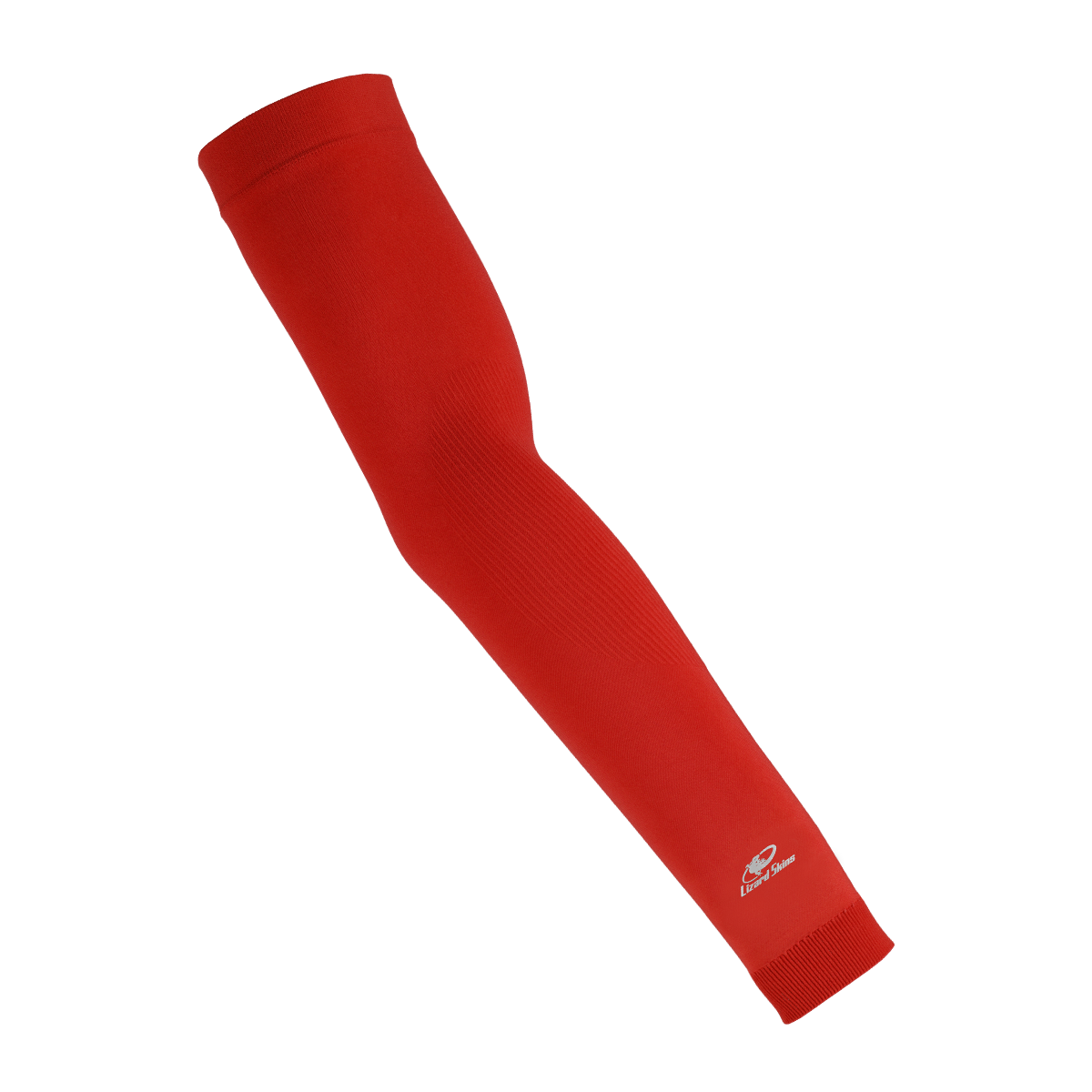The Lizard Skins Knit Arm Sleeve: ARMK, in scarlet with a small white logo near the wrist, offers muscle support and a compression fit. Displayed individually on a plain white background.