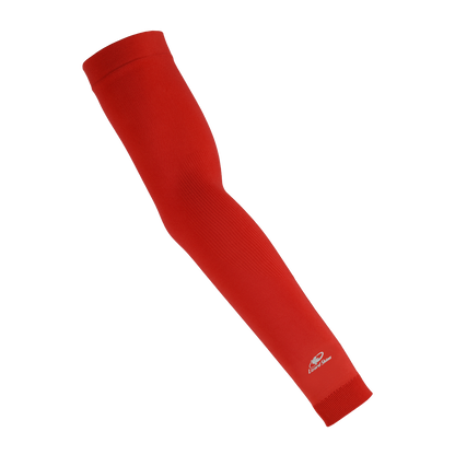 The Lizard Skins Knit Arm Sleeve: ARMK, in scarlet with a small white logo near the wrist, offers muscle support and a compression fit. Displayed individually on a plain white background.