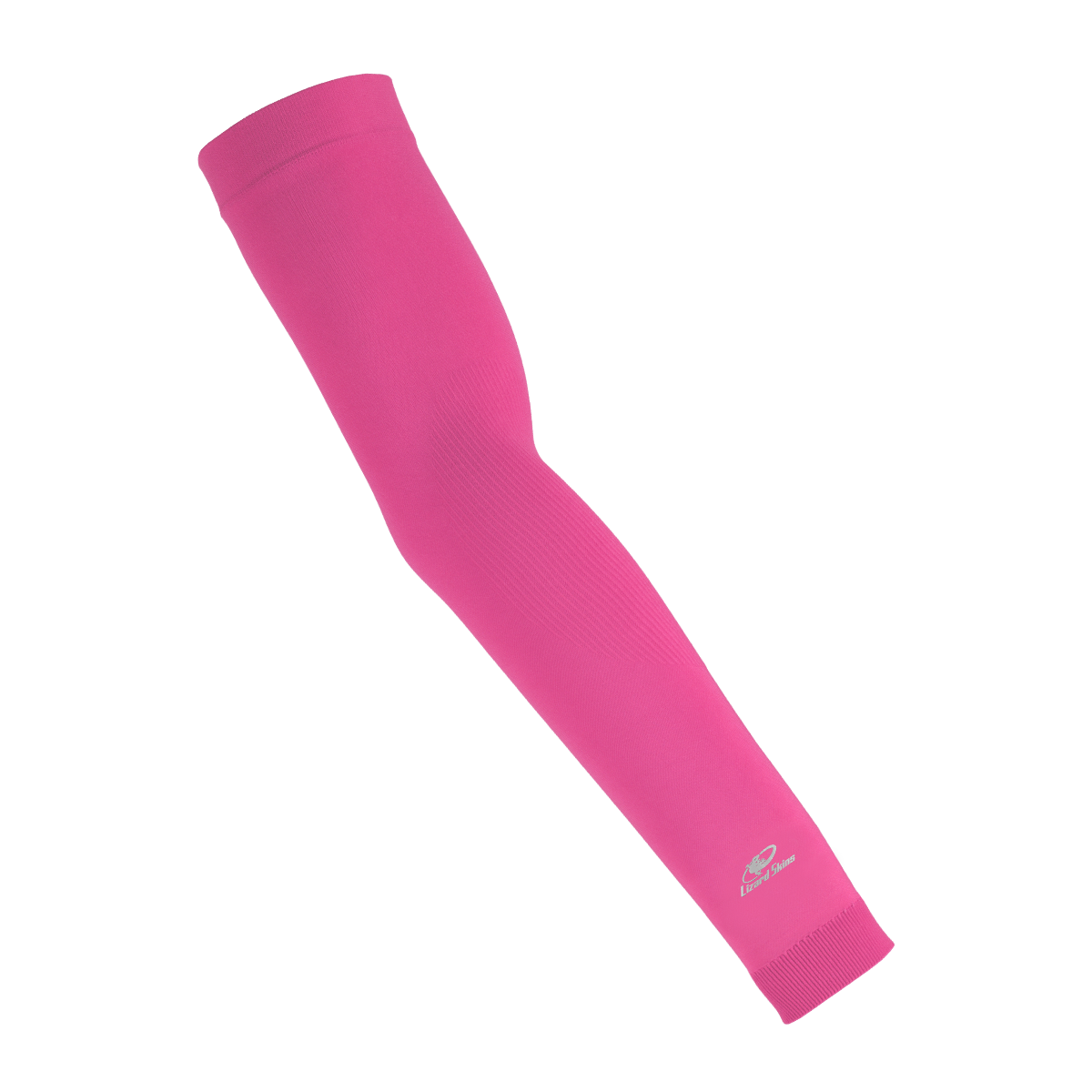The Lizard Skins Knit Arm Sleeve: ARMK by Lizard Skins is shown in neon pink, featuring a compression fit and a small white logo near the wrist, displayed against a plain white background.