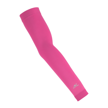 The Lizard Skins Knit Arm Sleeve: ARMK by Lizard Skins is shown in neon pink, featuring a compression fit and a small white logo near the wrist, displayed against a plain white background.