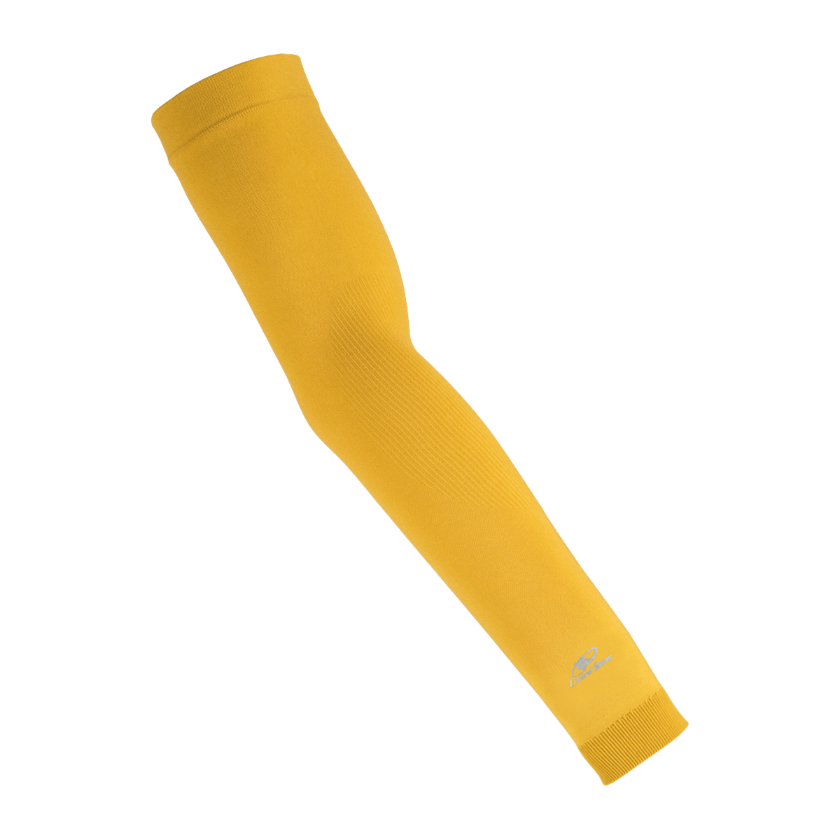 The Lizard Skins Knit Arm Sleeve: ARMK in Maize Yellow is shown diagonally on a plain white background, highlighting its supportive compression fit.