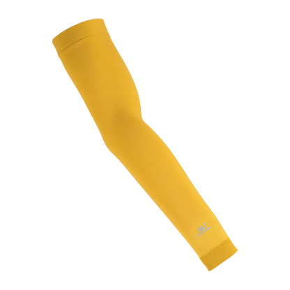 The Lizard Skins Knit Arm Sleeve: ARMK in Maize Yellow is shown diagonally on a plain white background, highlighting its supportive compression fit.
