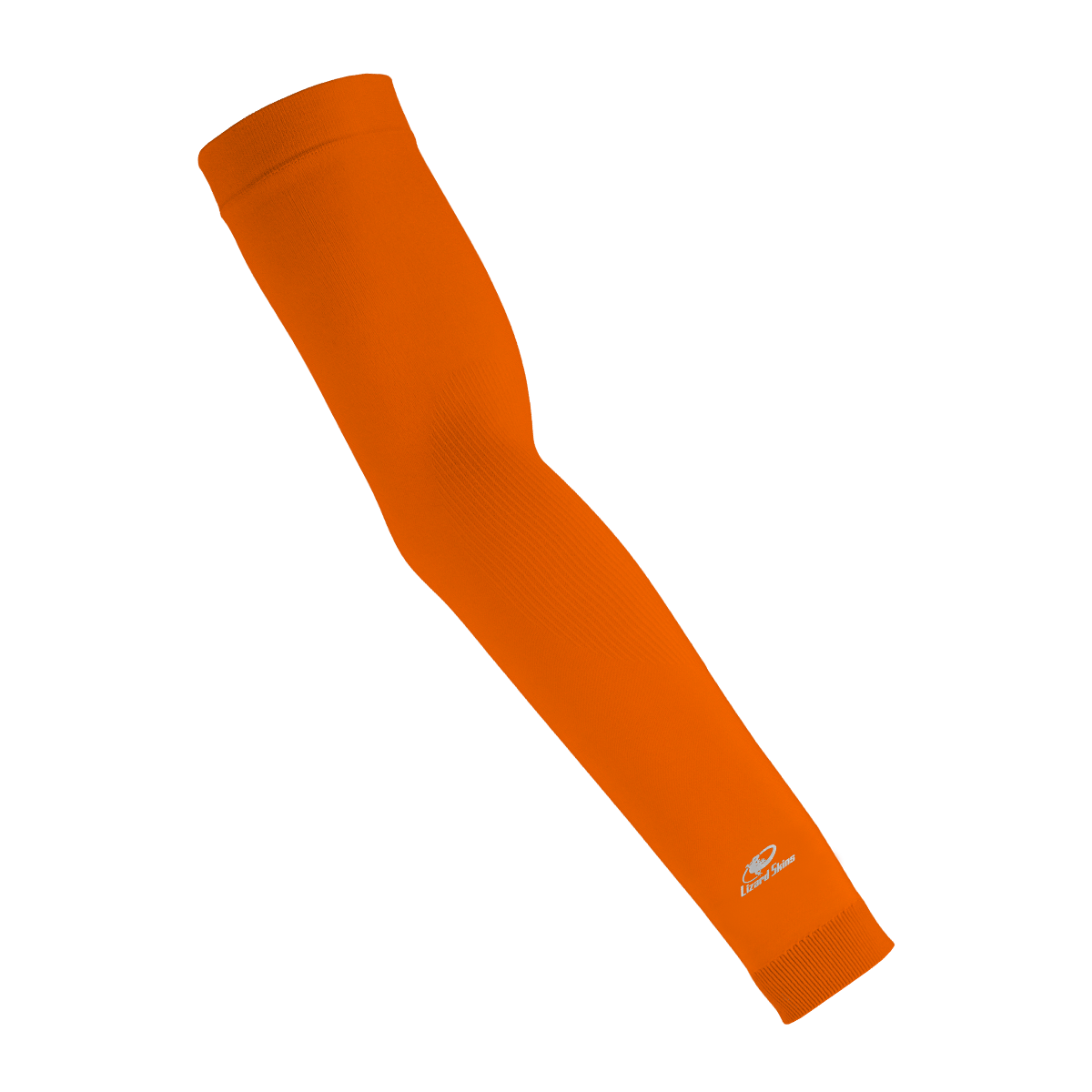 The Lizard Skins Knit Arm Sleeve: ARMK in Blaze Orange is a fitted sleeve with subtle ribbed texture and a small white logo near the wrist, providing muscle support and a comfortable compression fit, shown on a plain white background.