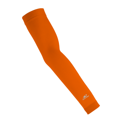 The Lizard Skins Knit Arm Sleeve: ARMK in Blaze Orange is a fitted sleeve with subtle ribbed texture and a small white logo near the wrist, providing muscle support and a comfortable compression fit, shown on a plain white background.