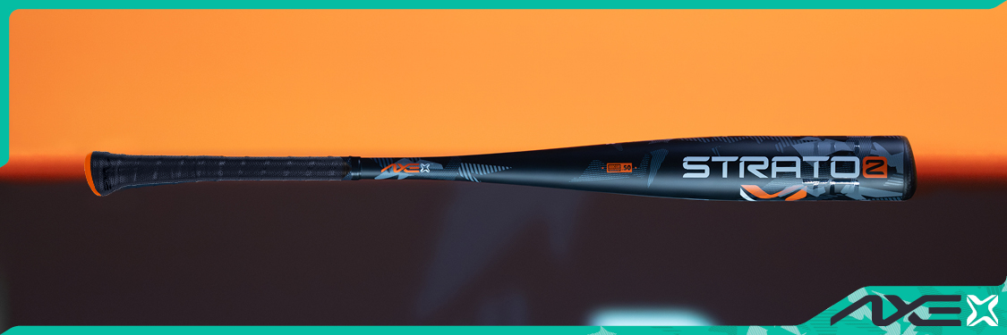 A black Axe Strato2 baseball bat with orange and silver accents is displayed horizontally against an orange and dark background, with the Axe Bat logo in the bottom right corner.