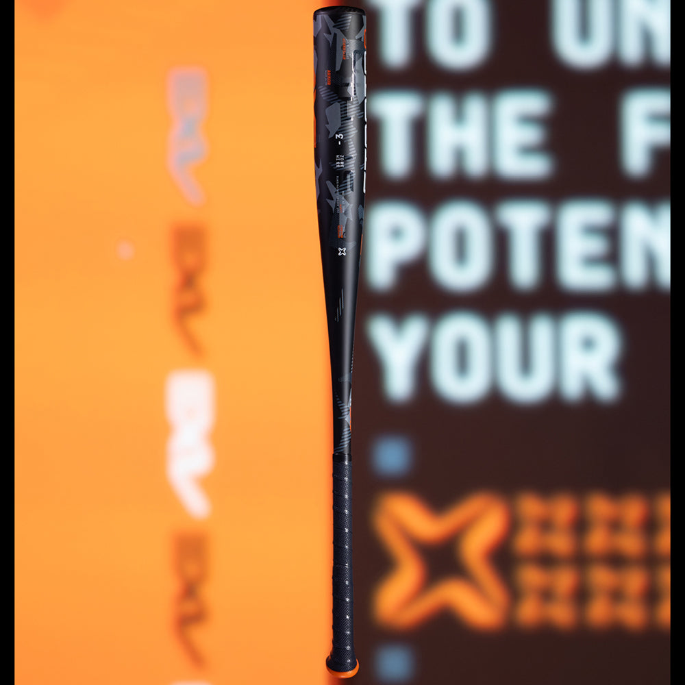 A black baseball bat with orange accents stands upright in front of a blurred orange background with white and blue text and abstract graphics.