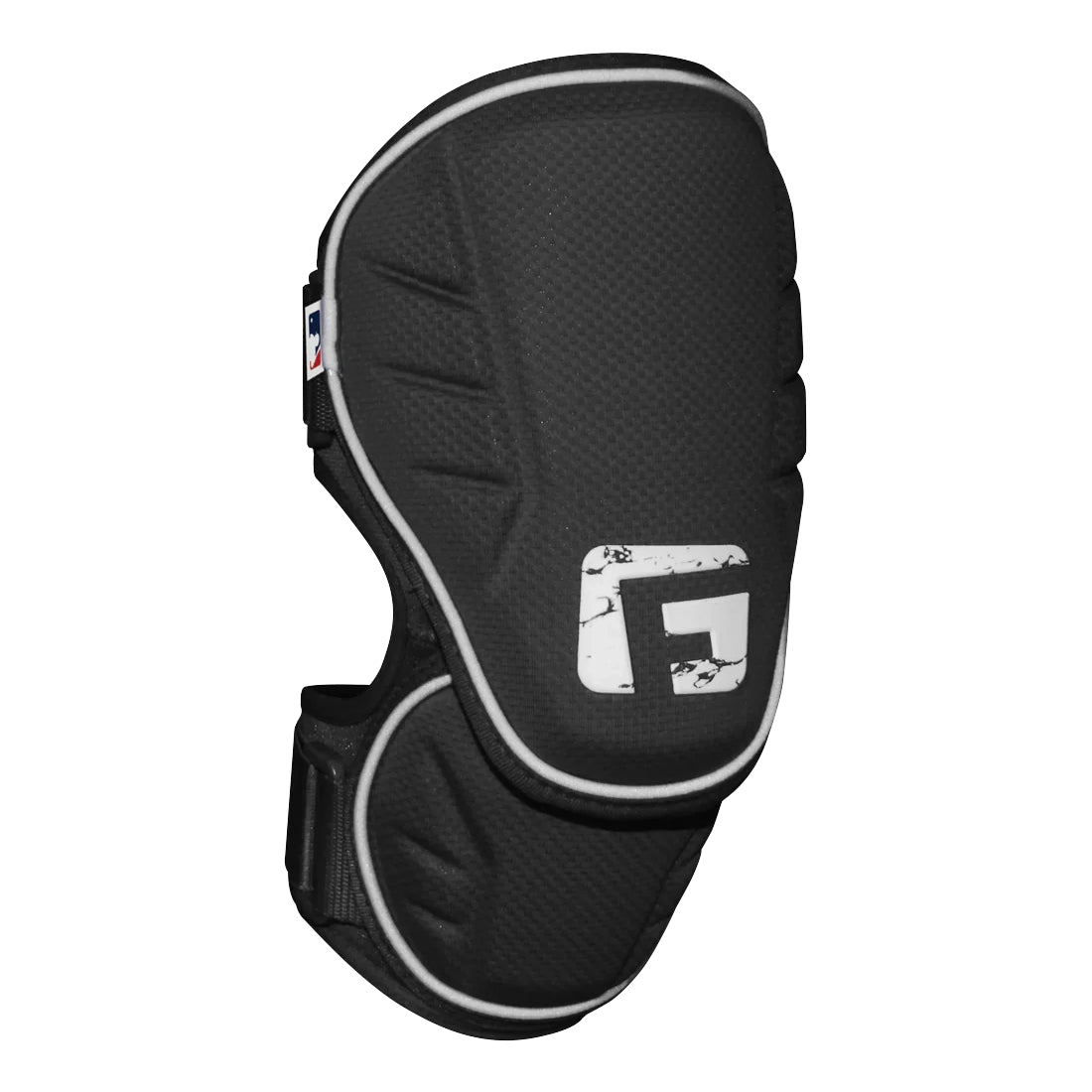 The G-Form Alpha Batter's Elbow Guard (AEP132) in black features SmartFlex technology for advanced impact protection, textured padding, an adjustable strap, and a stylish white front logo with white trim for athletic comfort.