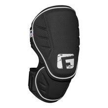The G-Form Alpha Batter's Elbow Guard (AEP132) in black features SmartFlex technology for advanced impact protection, textured padding, an adjustable strap, and a stylish white front logo with white trim for athletic comfort.