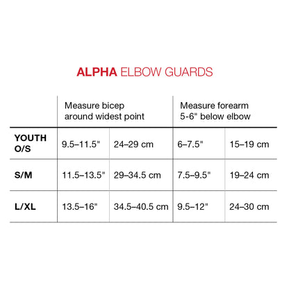 G-Form Alpha Batter's Elbow Guard (AEP132) sizing chart: Bicep/forearm (in/cm) for Youth 9.5–11.5/6–7.5, S/M 11.5–13.5/7.5–9.5, L/XL 13.5–16/9.5–12—ensuring a secure fit and SmartFlex impact protection.