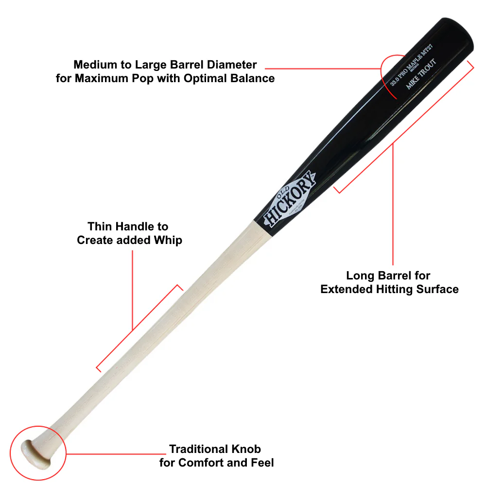 The Old Hickory Mike Trout MT27 Steel Pressed Maple Wood Bat combines durability and the iconic MT27 design—ideal for fans of Mike Trout game bats.