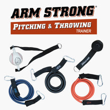 The Markwort Arm Strong Pitching & Throwing Trainer: ASB includes a ball attached to a strap, a circular strap, and three resistance bands in blue, black, and orange with metal carabiners designed to improve throwing velocity.
