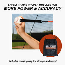 A hand holds a baseball attached to a resistance cord for the Arm Strong Pitching & Throwing Trainer: ASB, with text reading Safely trains proper muscles for more power & accuracy, and an inset of a black drawstring bag for storage.