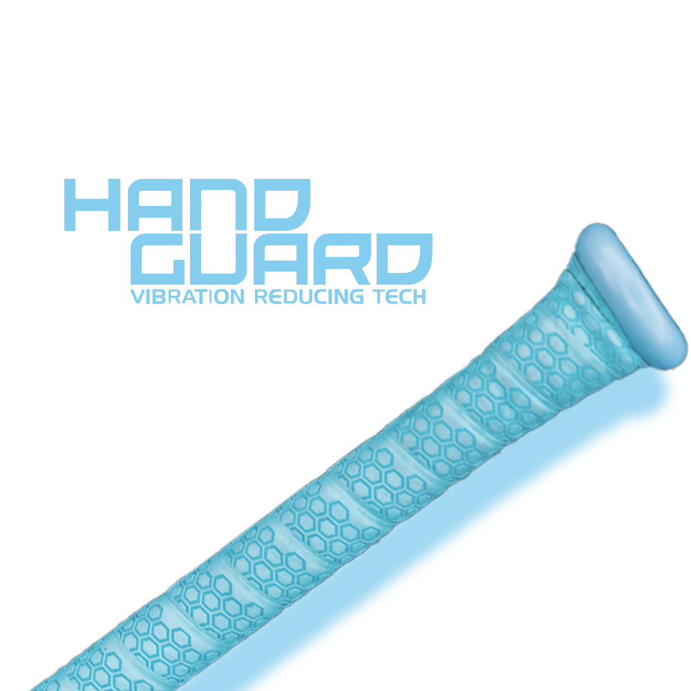 A light blue, textured handle with a rounded end is shown diagonally. Behind it, text reads HAND GUARD VIBRATION REDUCING TECH in matching blue letters on a white background.