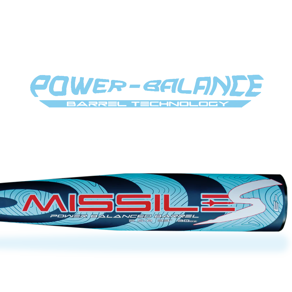 A close-up of a baseball bat with MISSILE S and Power Balance Barrel Technology printed in blue and red. Above the bat is the Power-Balance Barrel Technology logo in light blue.