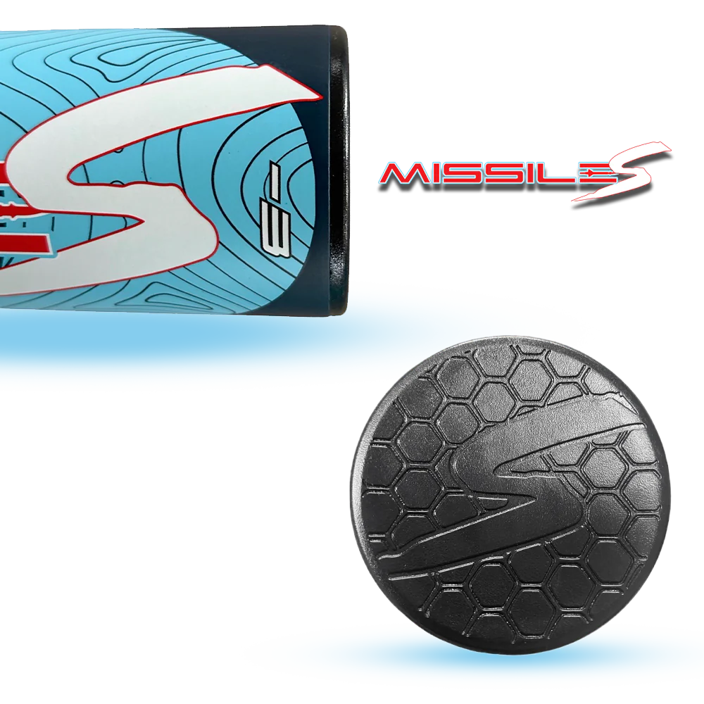 A close-up of a blue and black cylindrical object with a red and white S logo, the word MISSILES in red with a white S, and a black, hexagon-patterned disk featuring the same S logo.