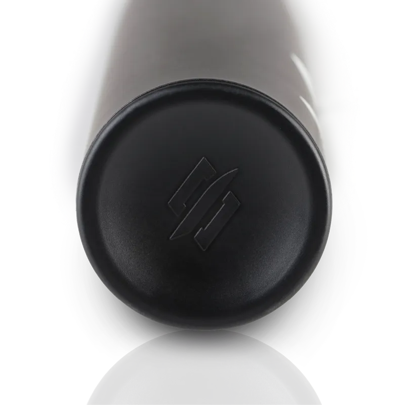 Close-up of the knob end of a black baseball bat with a minimalist, embossed logo featuring two interlocking diagonal lines. The background is white and softly blurred.