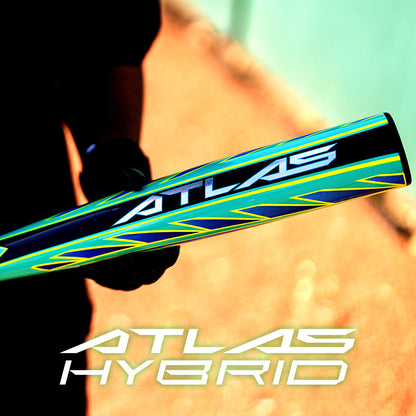 A person in black gloves holds a neon green and blue 2026 Louisville Slugger Atlas Hybrid Green (-3) BBCOR Baseball Bat (WBL4231010) labeled “ATLAS.” The words “ATLAS HYBRID” appear at the bottom of the image.
