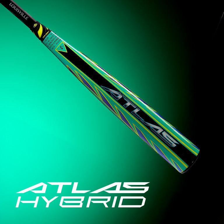 The 2026 Louisville Slugger Atlas Hybrid Green (-3) BBCOR Baseball Bat (WBL4231010) from Louisville Slugger is shown diagonally on a green gradient background, alloy barrel visible, with ATLAS HYBRID text in bold white below.
