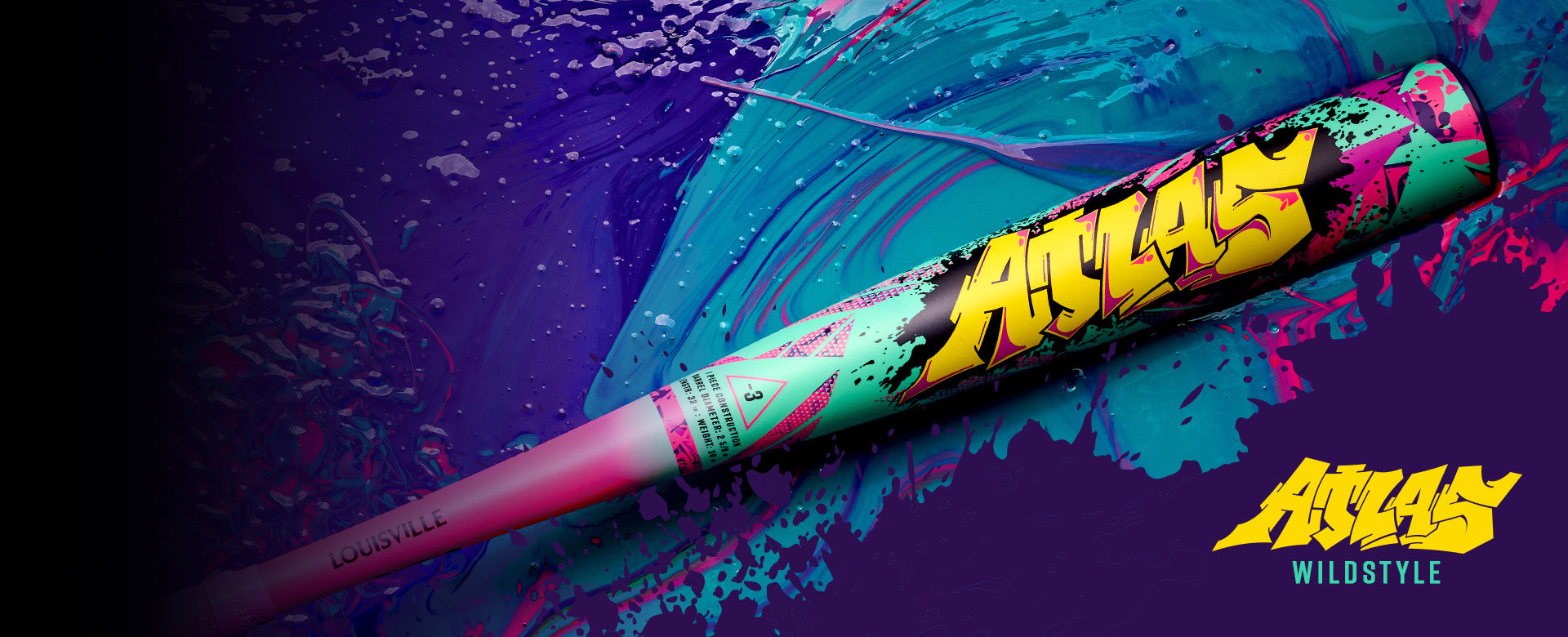 A colorful baseball bat labeled ATLAS in bold graffiti-style text lies on a vibrant, abstract paint splatter background. The words ATLAS WILDSTYLE appear in matching graffiti font in the lower right corner.