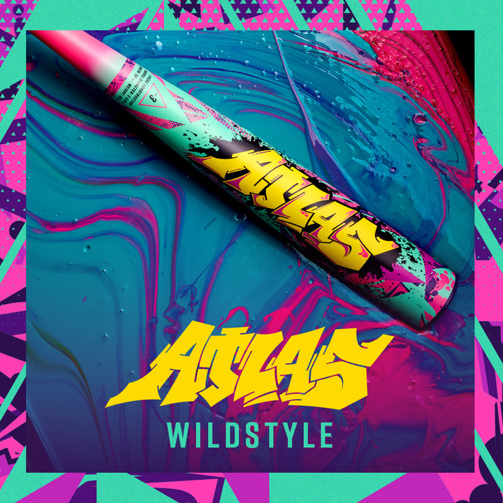 Colorful louisville slugger baseball bat with 'Atlas Wildstyle' text on a vibrant abstract background
