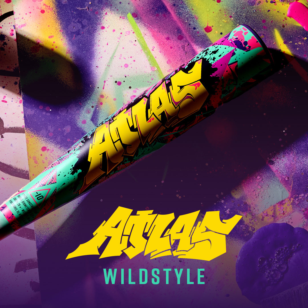 A vibrant spray paint can with bold "ATLAS" graffiti rests on a paint-splattered surface. Below, "Atlas" and "BBCOR" appear in yellow and blue graffiti, showcasing the 2026 Louisville Slugger Atlas Wildstyle (-3) BBCOR Baseball Bat: WBL4178010.
