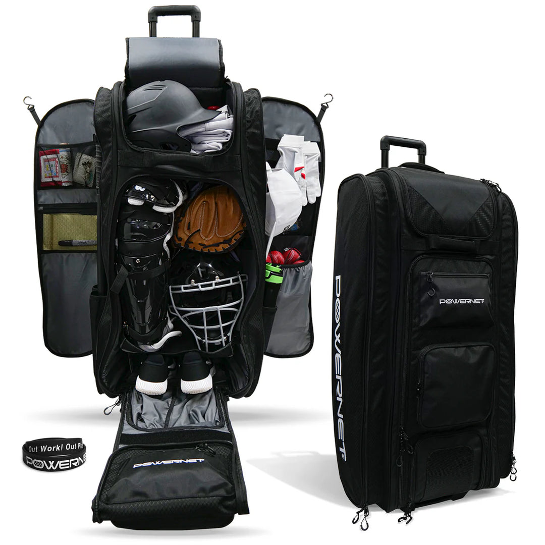 Black baseball or softball catcher's equipment bag with various items and PowerNet branding on a white background