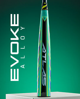 A Louisville Slugger 2026 Atlas Hybrid Green (-3) BBCOR Baseball Bat (WBL4231010) stands upright on a white pedestal against a green background, with "EVOKE ALLOY" vertically beside the bat to highlight its alloy barrel.