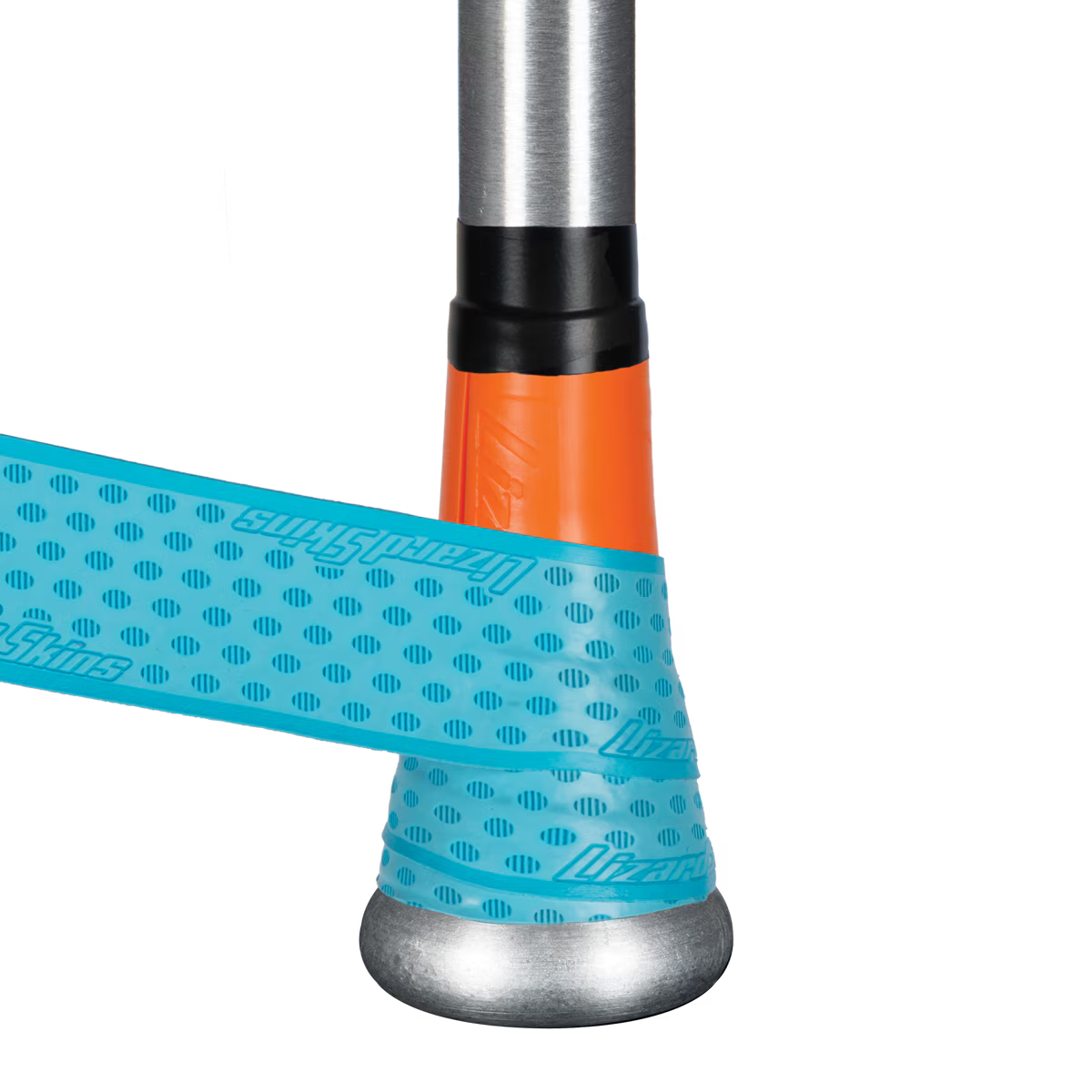 A close-up of a Lizard Skins D3O Bat Taper - Flared (BATD-100) on a baseball bat handle wrapped with blue grip tape featuring a dotted pattern and branded text, plus a black and orange section near the knob for improved control.