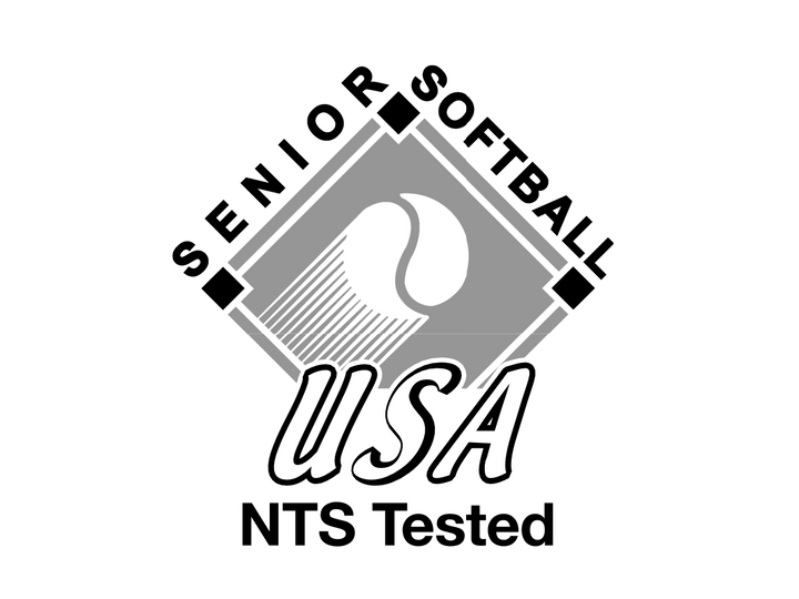 Logo for Senior Softball USA with a stylized softball in a diamond shape and the words NTS Tested below.