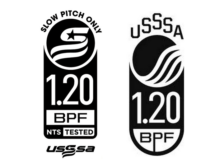 Two black and white USSSA certification logos for slow pitch softball bats, both displaying 1.20 BPF. The left logo notes Slow Pitch Only and NTS Tested; the right logo omits this text. Both feature abstract wave designs.