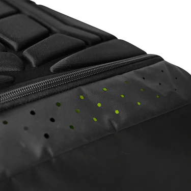 Close-up of the All Star MVP PRO Series Catcher's Backpack: BBCBP featuring padded sections, zipper, a panel with green ventilation holes, and an interior glove vault for protection.