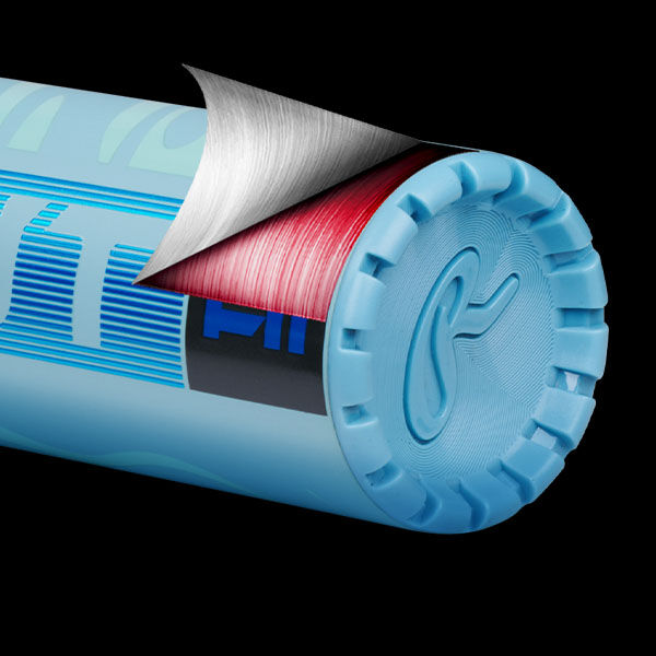 A close-up of the end cap of a light blue baseball bat with part of the outer layer peeled back, revealing red and silver layers underneath, set against a black background.