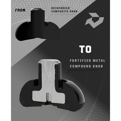 A graphic compares a black reinforced composite knob (top) with a fortified metal compound knob (bottom, cross-section), showcasing the 2024 DeMarini Voodoo One (-3) BBCOR Baseball Bat's material upgrade. Text: Reinforced composite to fortified metal compound knob.